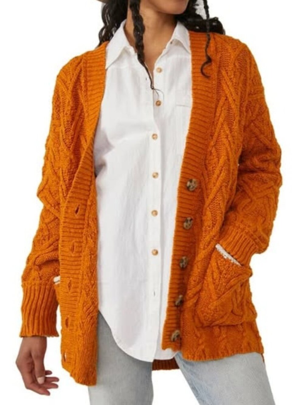 NWT Free People Women's Montana Cable Cotton Cardigan in Pumpkin Pie Size XS